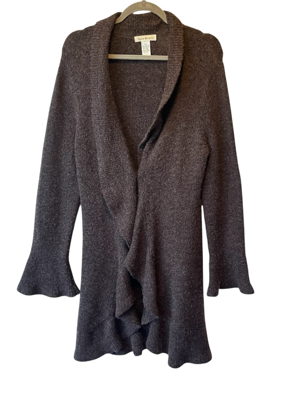 Susan Bristol Cardigan long duster sweater M Brown Wool blend Women Bell sleeves